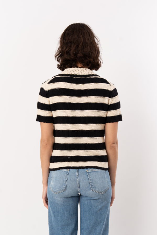 ELLIOTT LAUREN Striped Crochet Sweater Top - Black/Cream