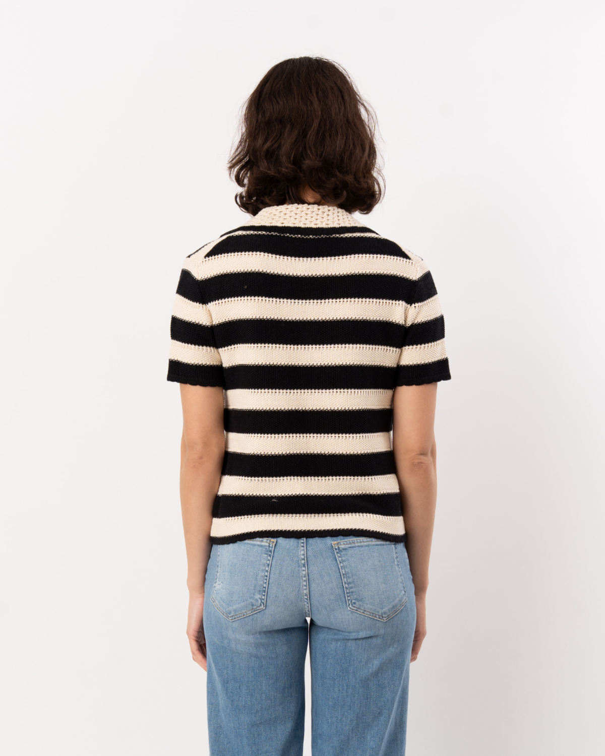 ELLIOTT LAUREN Striped Crochet Sweater Top - Black/Cream - Image 2 of 5