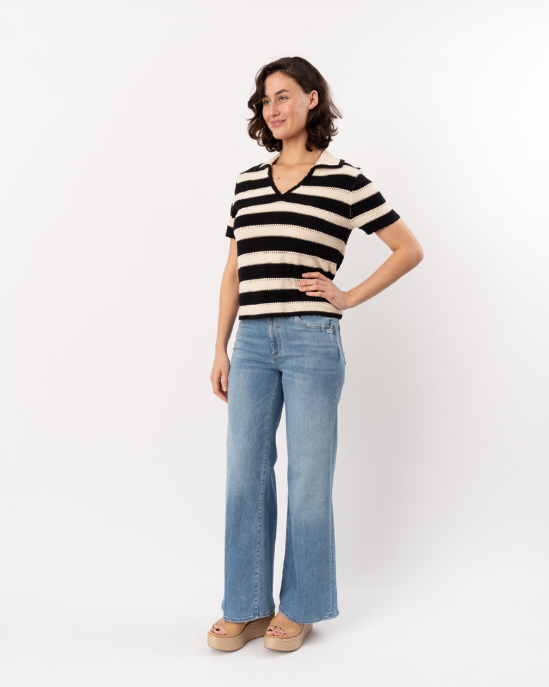 ELLIOTT LAUREN Striped Crochet Sweater Top - Black/Cream