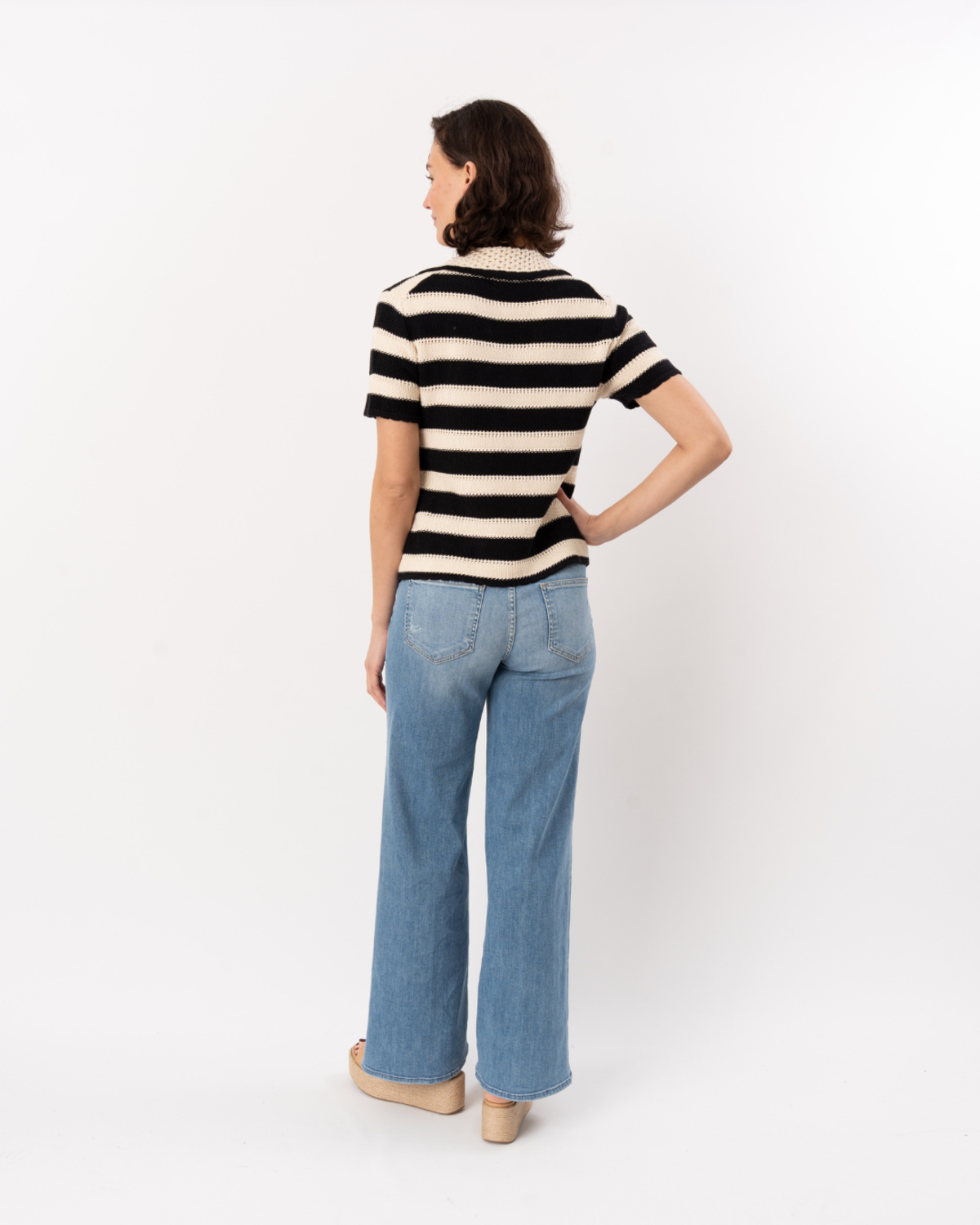 ELLIOTT LAUREN Striped Crochet Sweater Top - Black/Cream - Image 5 of 5