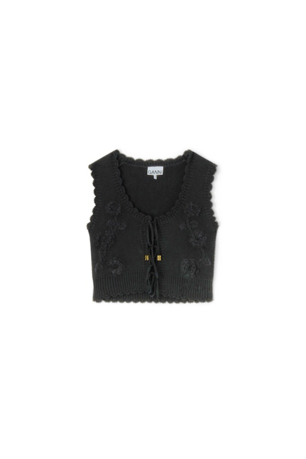 Ganni Cotton Cashmere Crochet Applique Vest - Black