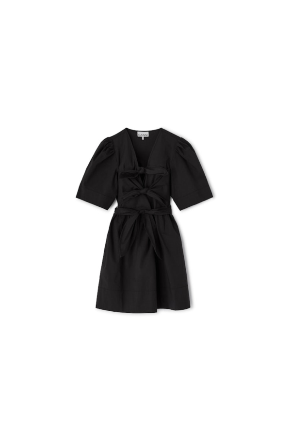 Ganni Stretch Cotton Mini Tie Strap Dress - Black