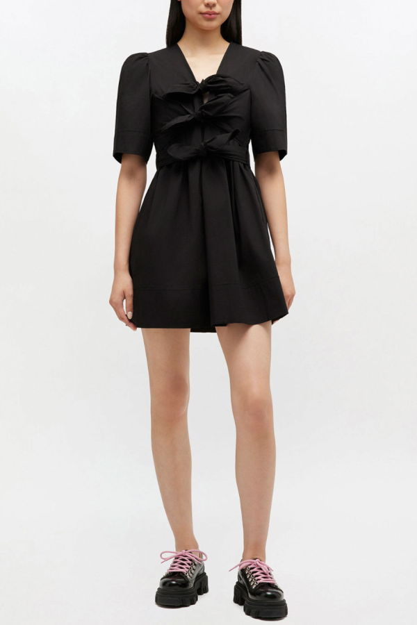 Ganni Stretch Cotton Mini Tie Strap Dress - Black