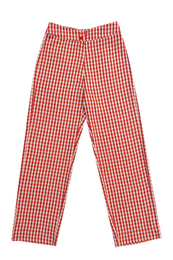 Ali Golden Silk Fly Front Pant With Pockets - Poppy/Ice Gingham