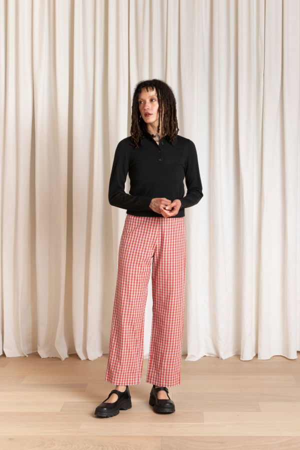 Ali Golden Silk Fly Front Pant With Pockets - Poppy/Ice Gingham