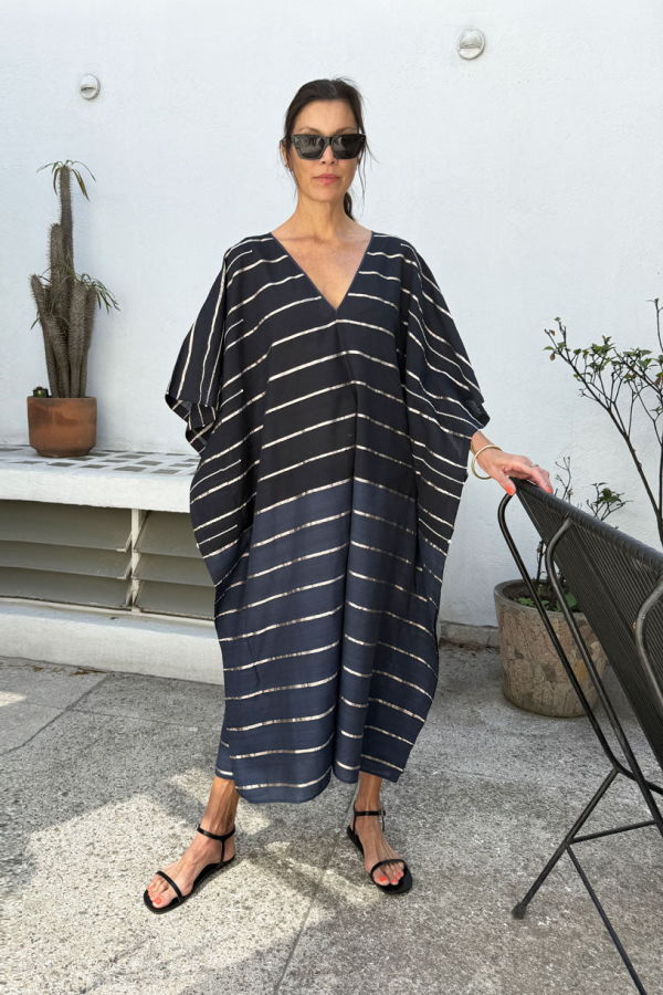 Two Navy V Neck Metallic Stripe Caftan