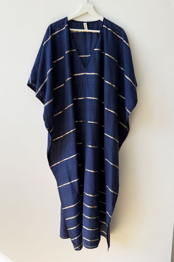 Two Navy V Neck Metallic Stripe Caftan
