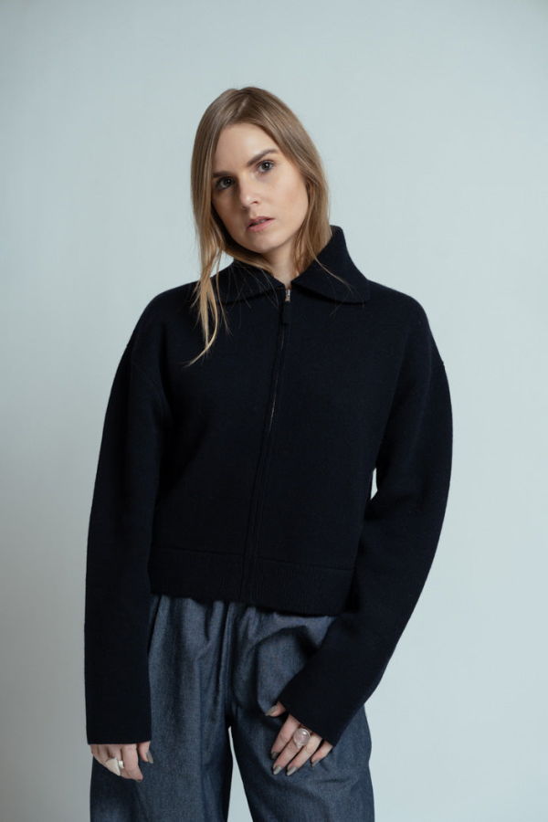 Allude Collar Zip Sweater Jacket - Deep Night