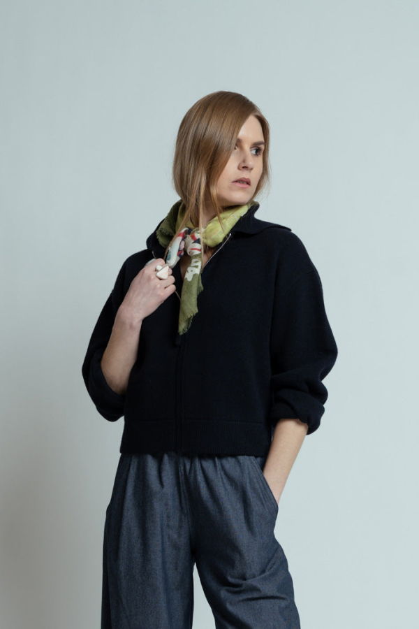 Allude Collar Zip Sweater Jacket - Deep Night