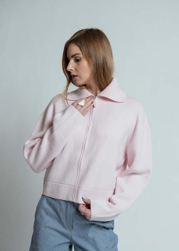 Allude Zip Front Sweater Jacket Cardigan - Rose Fondant
