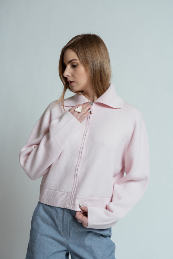 Allude Zip Front Sweater Jacket Cardigan - Rose Fondant