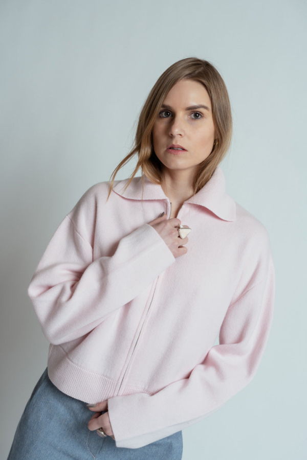 Allude Zip Front Sweater Jacket Cardigan - Rose Fondant