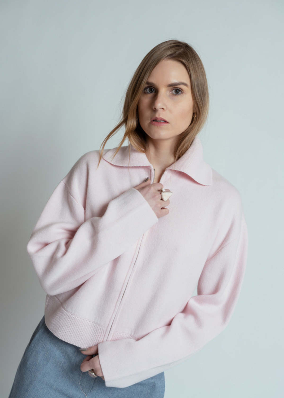 Allude Zip Front Sweater Jacket Cardigan - Rose Fondant - Image 2 of 5