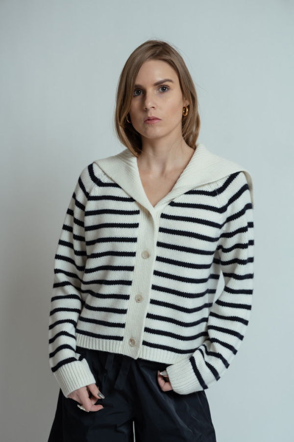 Allude Stripe Collared Seaman Cardigan - Fleur de Sel/Deep Night