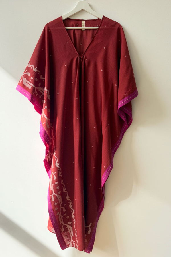 Two Jamdani Caftan in Red with Hot Pink Border