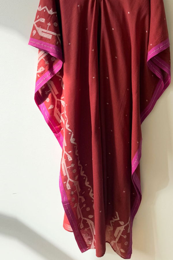 Two Jamdani Caftan in Red with Hot Pink Border