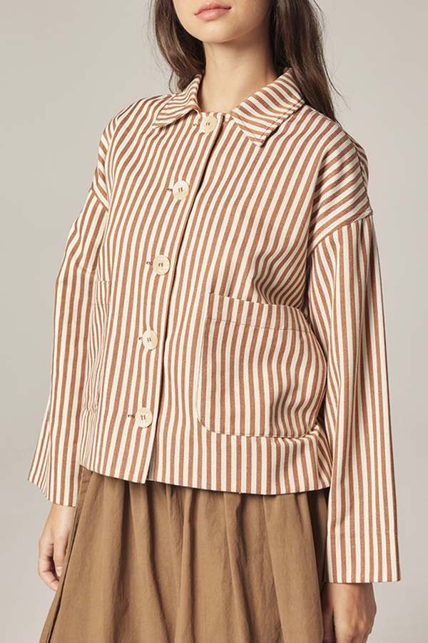 amente Stripe Button Down Jacket - Brown/Cream