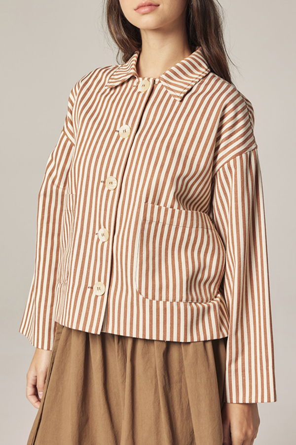 amente Stripe Button Down Jacket - Brown/Cream