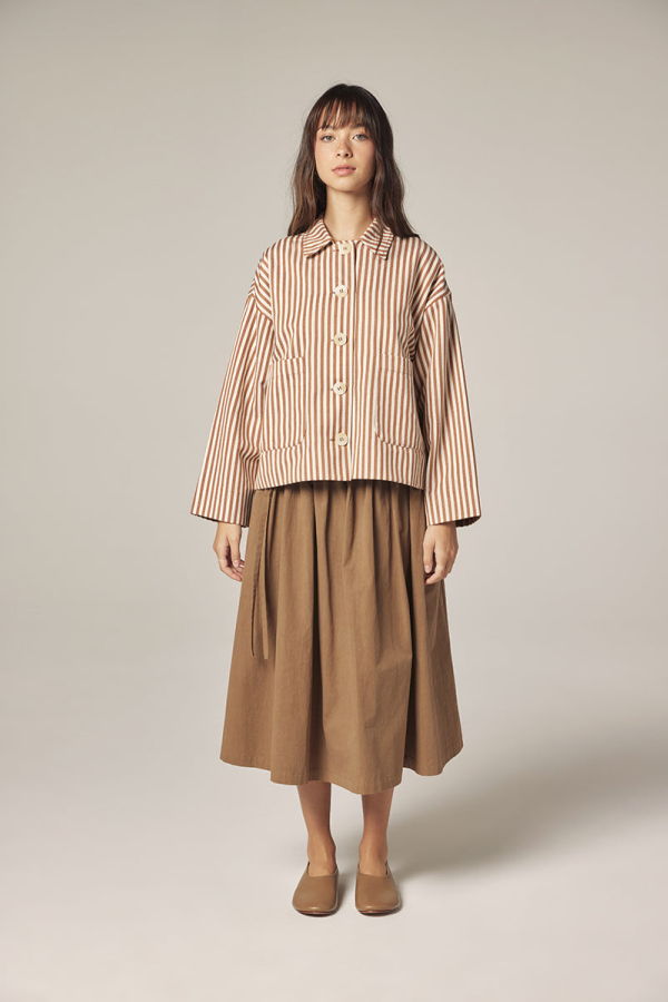 amente Stripe Button Down Jacket - Brown/Cream