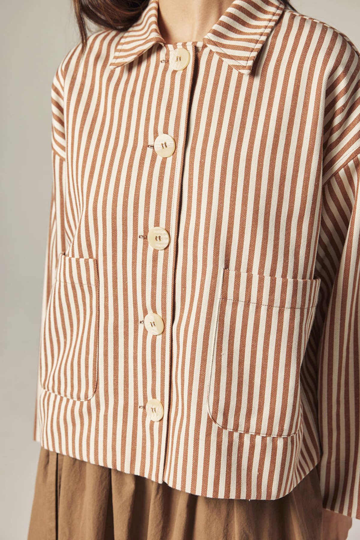 amente Stripe Button Down Jacket - Brown/Cream - Image 3 of 9