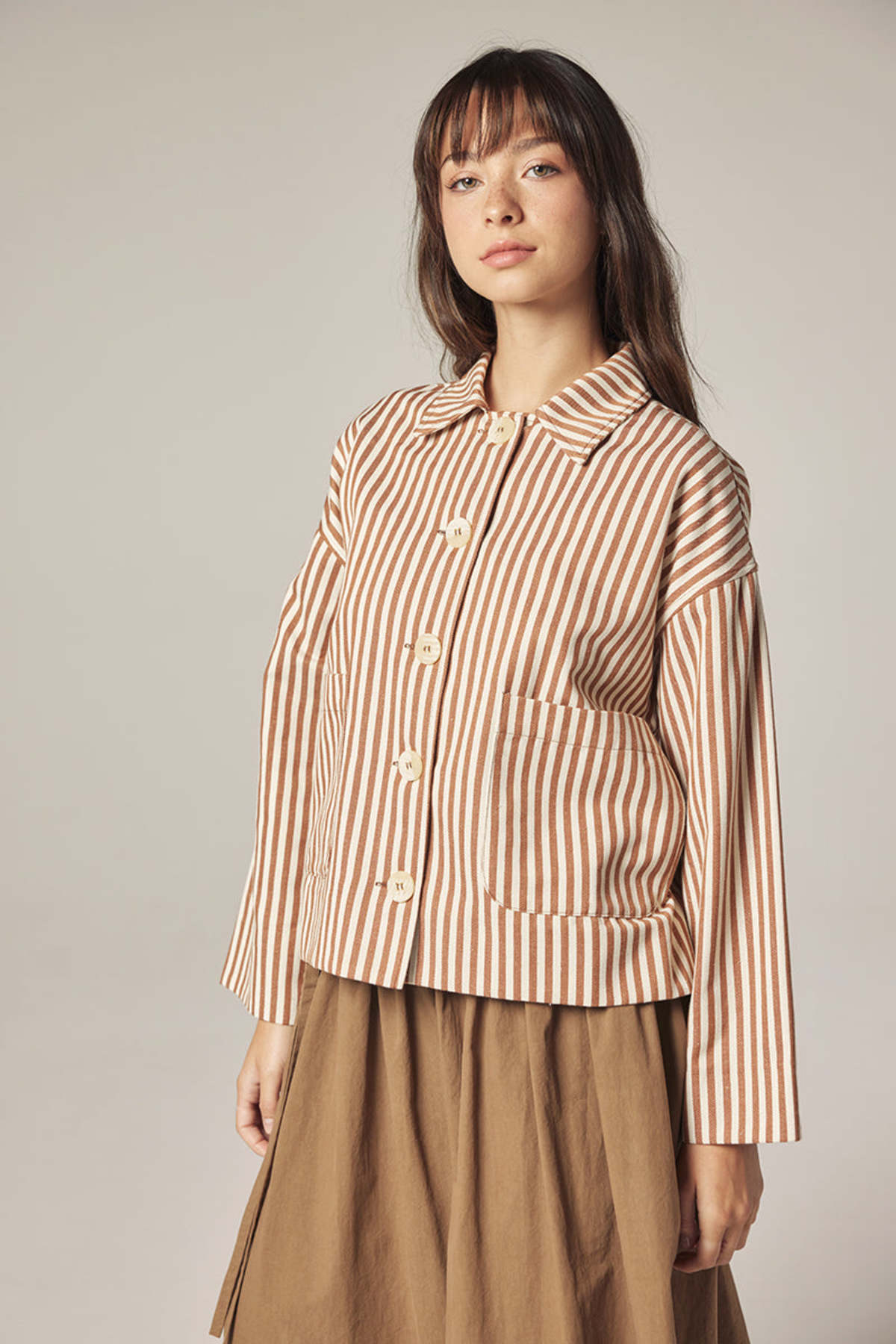 amente Stripe Button Down Jacket - Brown/Cream - Image 6 of 9