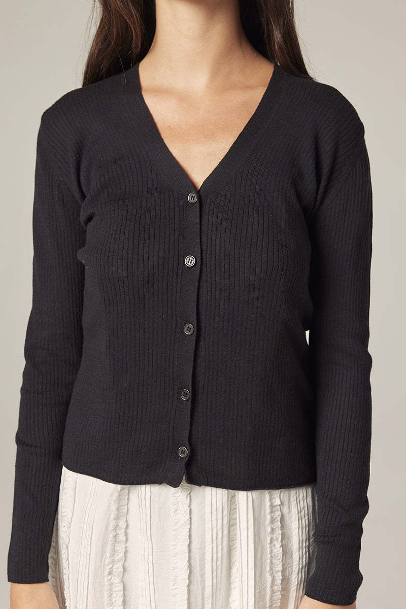 amente V Neck Cotton Linen Rib Cardigan - Black