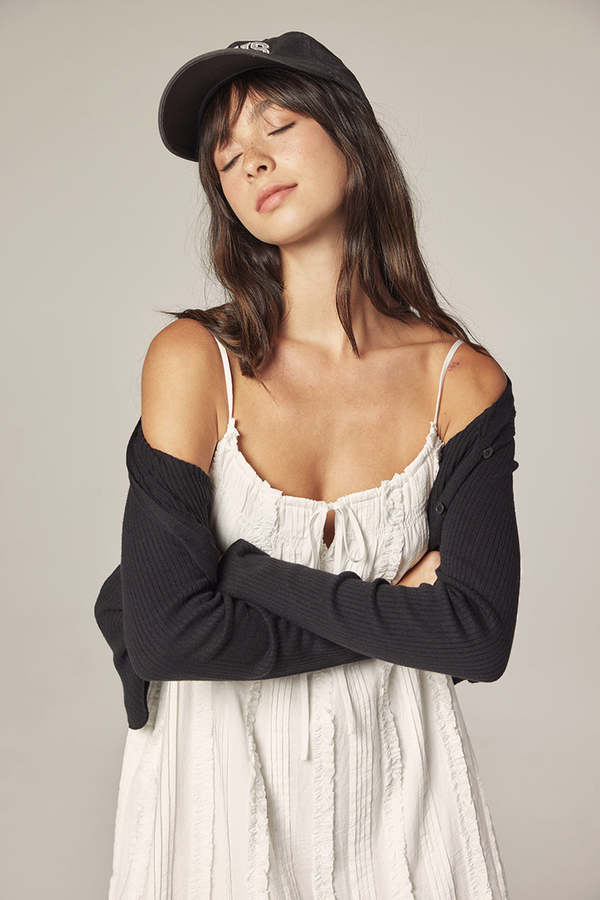 amente V Neck Cotton Linen Rib Cardigan - Black