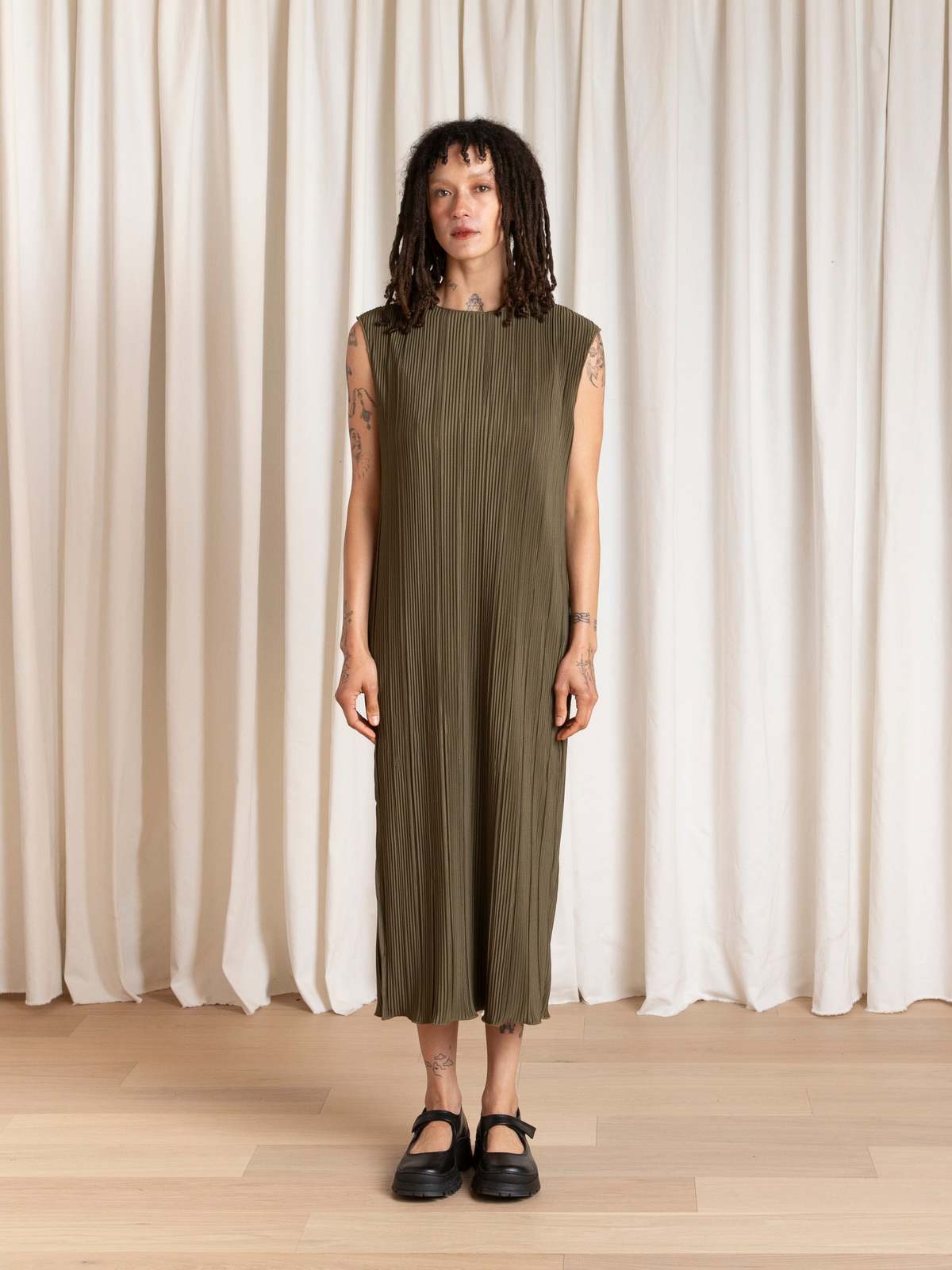 Ali Golden Pleated Tank Dress - Image 2 of 11