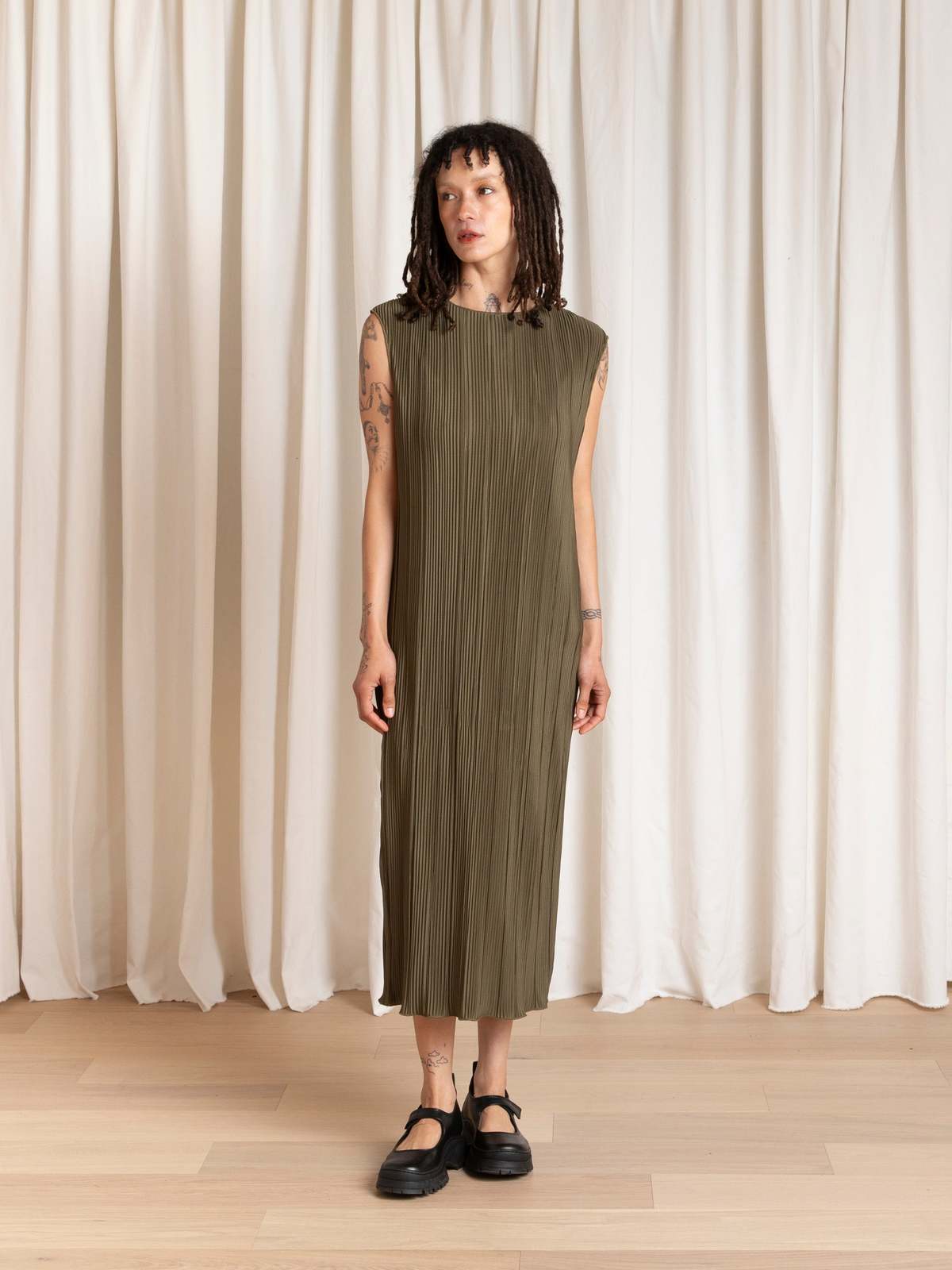 Ali Golden Pleated Tank Dress - Image 5 of 11