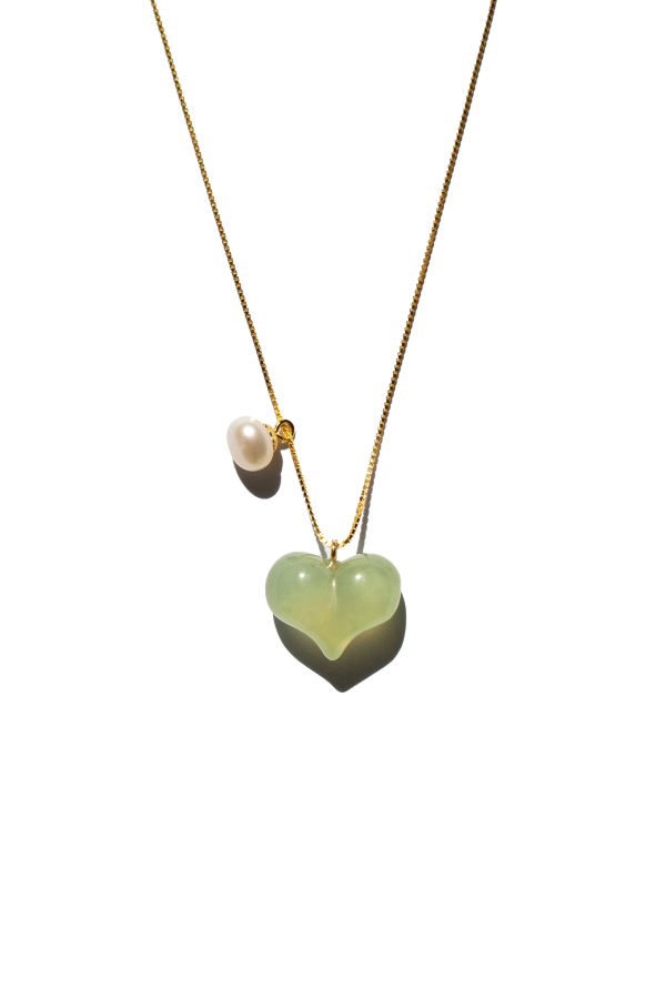 seree Puffed heart Green jade & pearl pendant necklace - Green