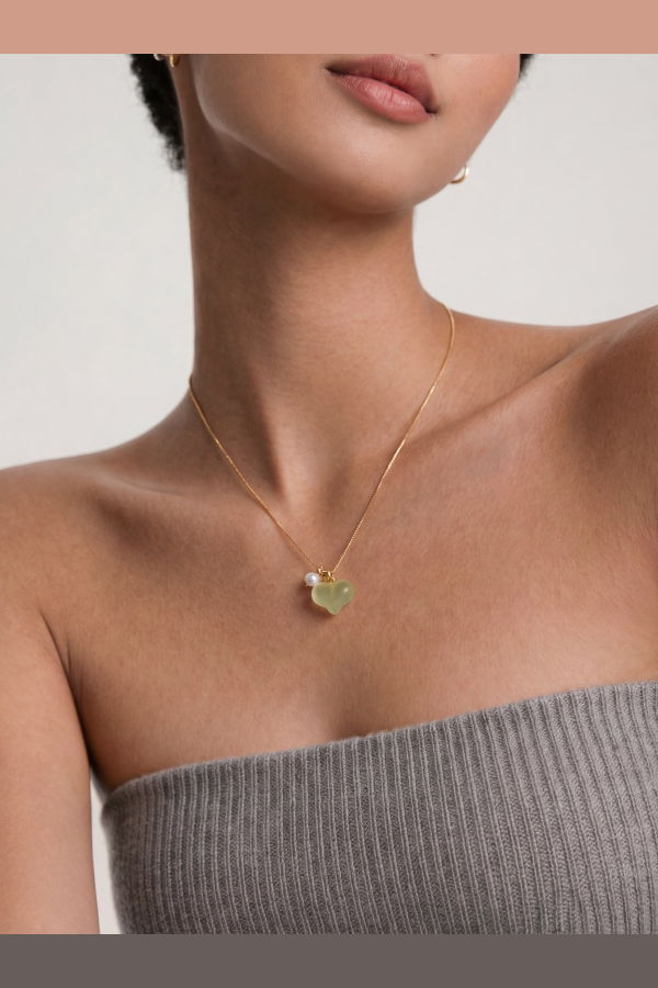 seree Puffed heart Green jade & pearl pendant necklace - Green