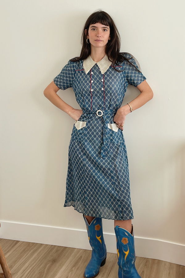1940s Dress - Indigo Print