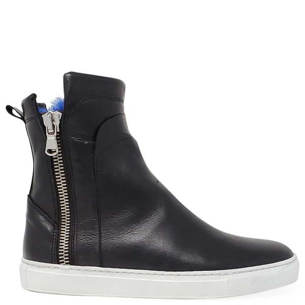 Madison Maison Black Leather Double Zip Shearling Sneaker - Black/Blue