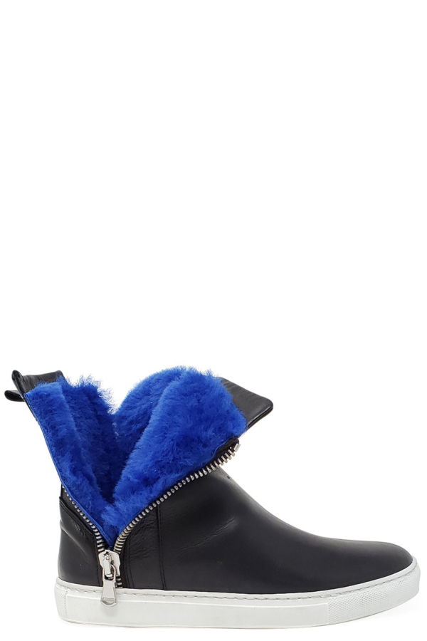 Madison Maison Black Leather Double Zip Shearling Sneaker - Black/Blue