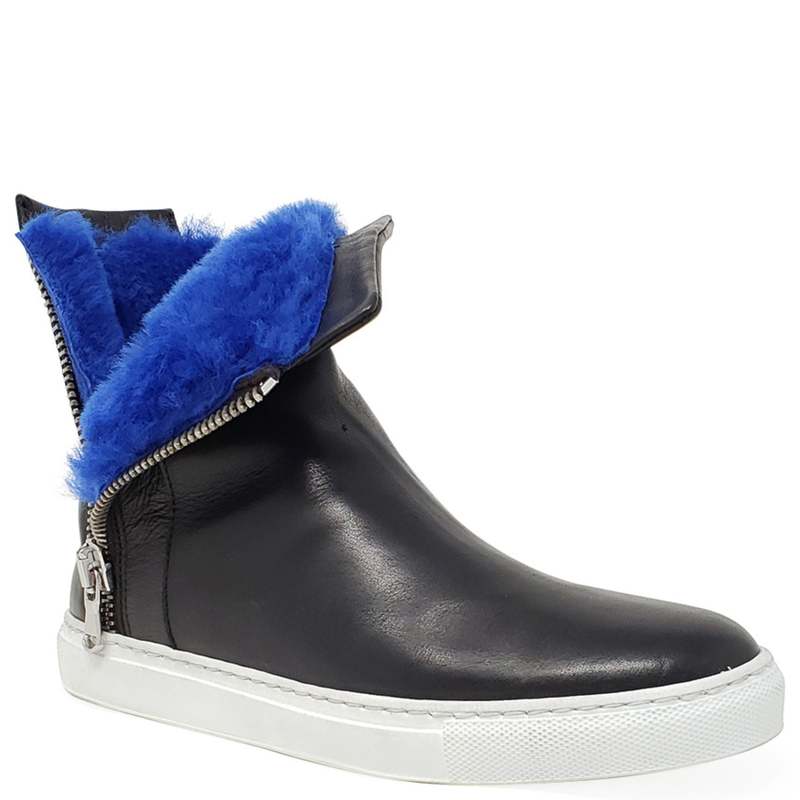 Madison Maison Black Leather Double Zip Shearling Sneaker - Black/Blue