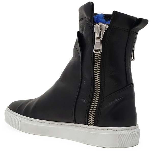 Madison Maison Black Leather Double Zip Shearling Sneaker - Black/Blue