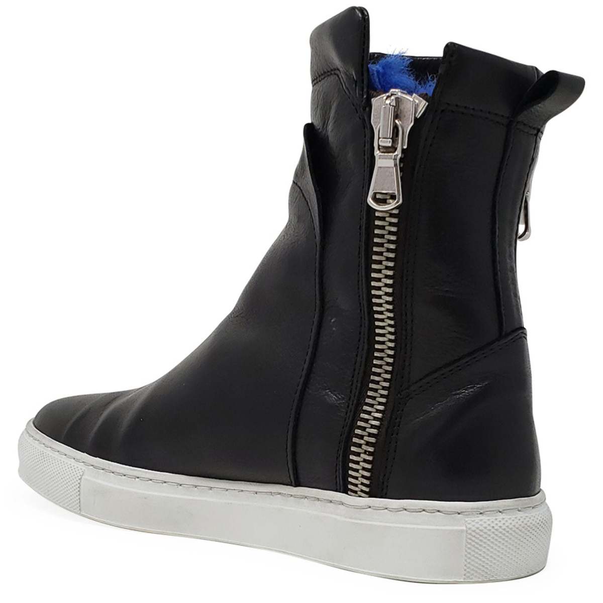 Madison Maison Black Leather Double Zip Shearling Sneaker - Black/Blue - Image 5 of 8