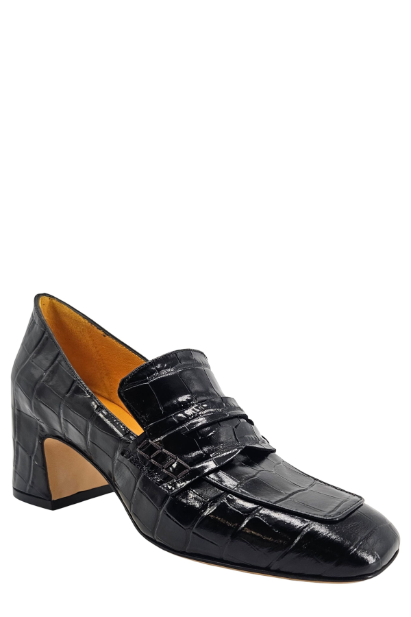 Madison Maison Black Leather Heel Moc Croc Loafer - Black