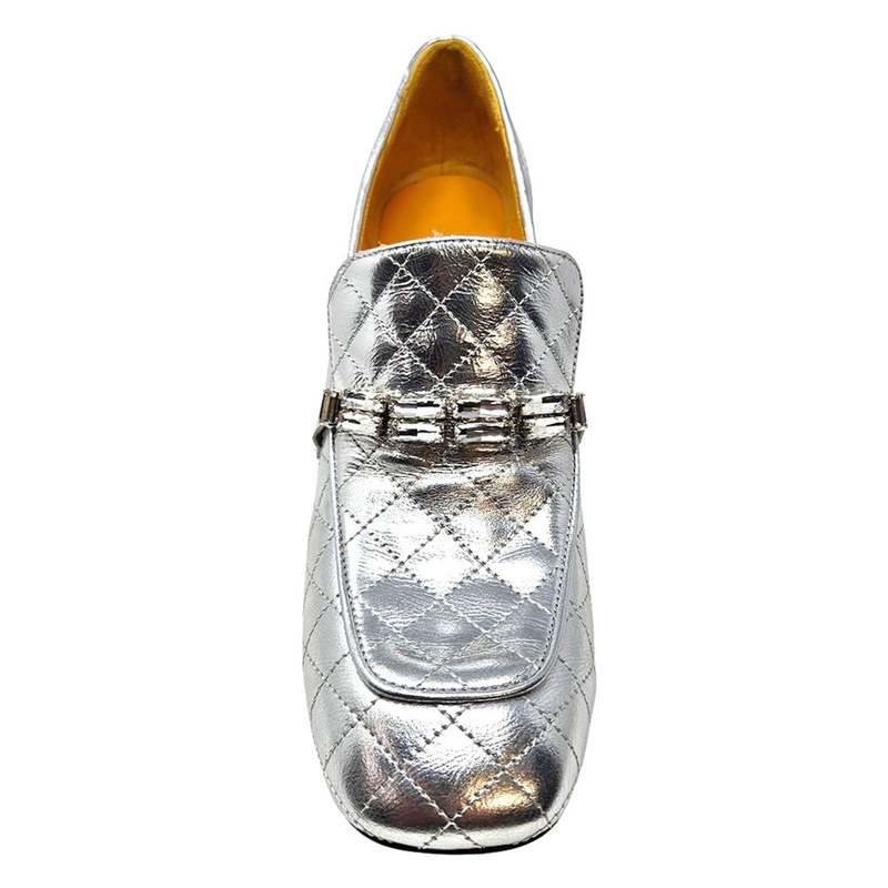 Madison Maison MD100 Quilted Jeweled Heel Loafer - Silver