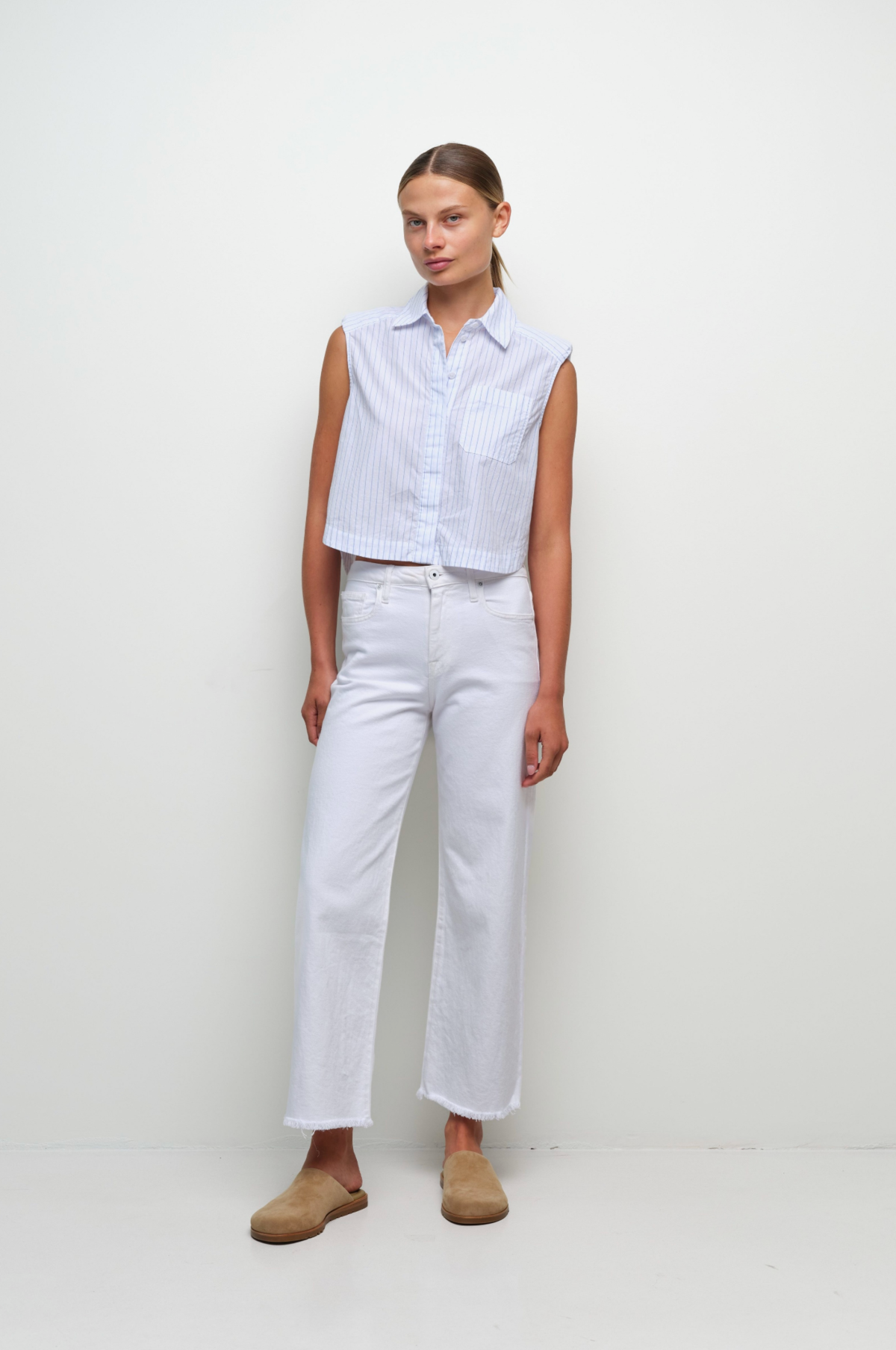 Jonathan Simkhai Winslow S/L Cropped Shirt - White Stripe - Image 4 of 4
