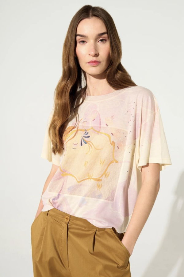 Cotelac Loose-Fitting Pleated White Printed T-Shirt Top