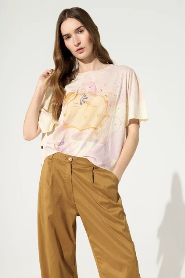 Cotelac Loose-Fitting Pleated White Printed T-Shirt Top