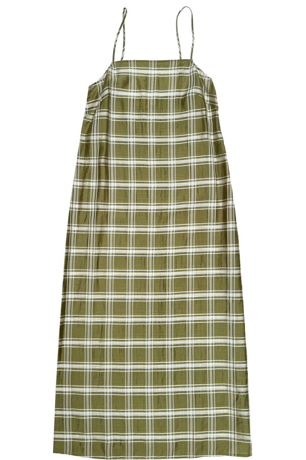 Ali Golden Square Neck Slip Dress - Olive Plaid