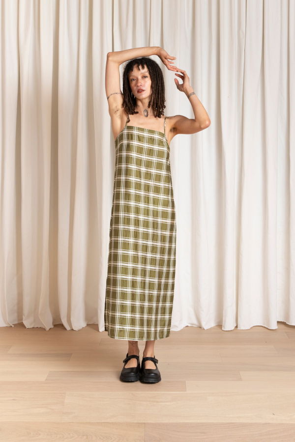 Ali Golden Square Neck Slip Dress - Olive Plaid