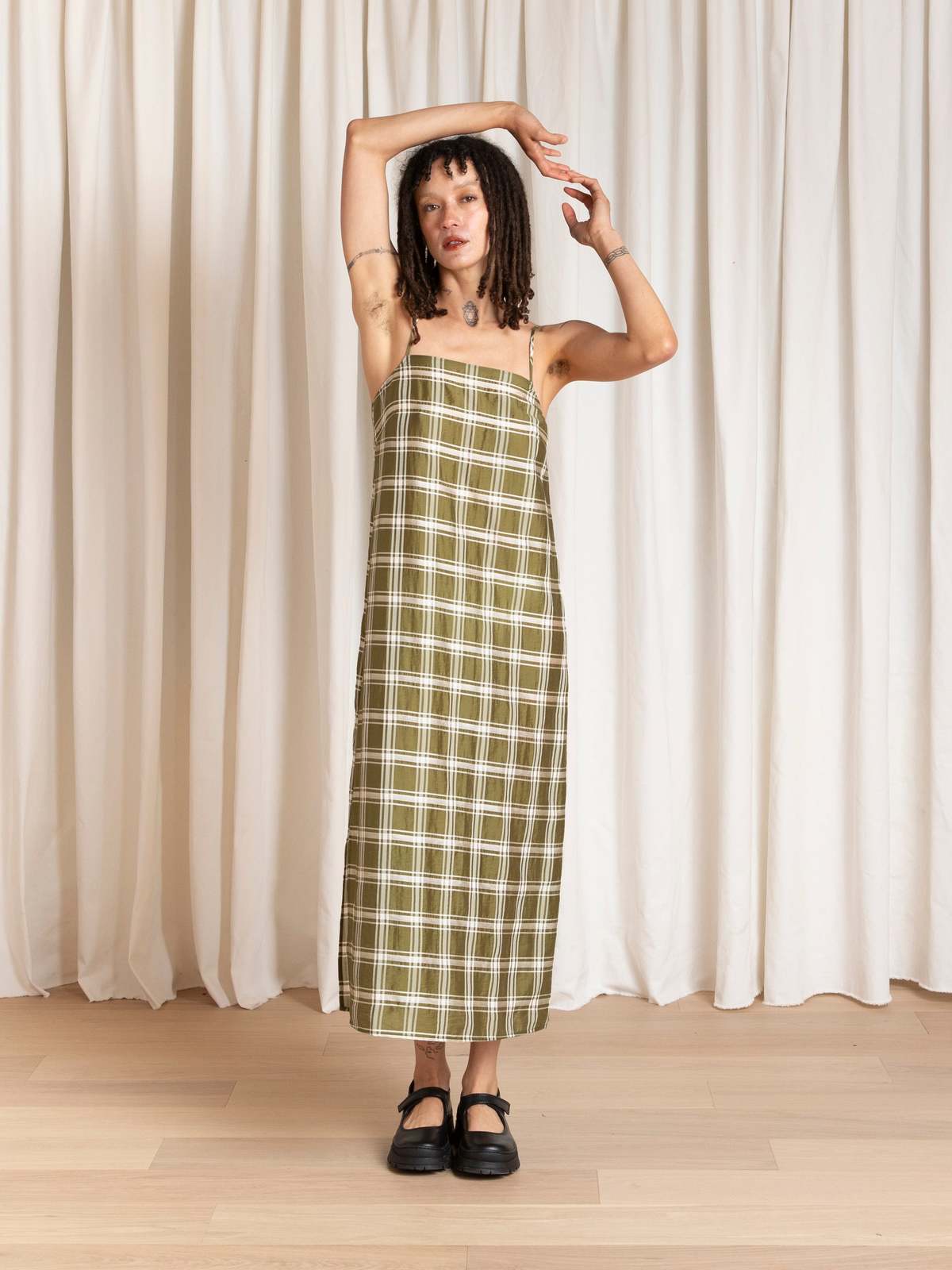 Ali Golden Square Neck Slip Dress - Olive Plaid - Image 2 of 6