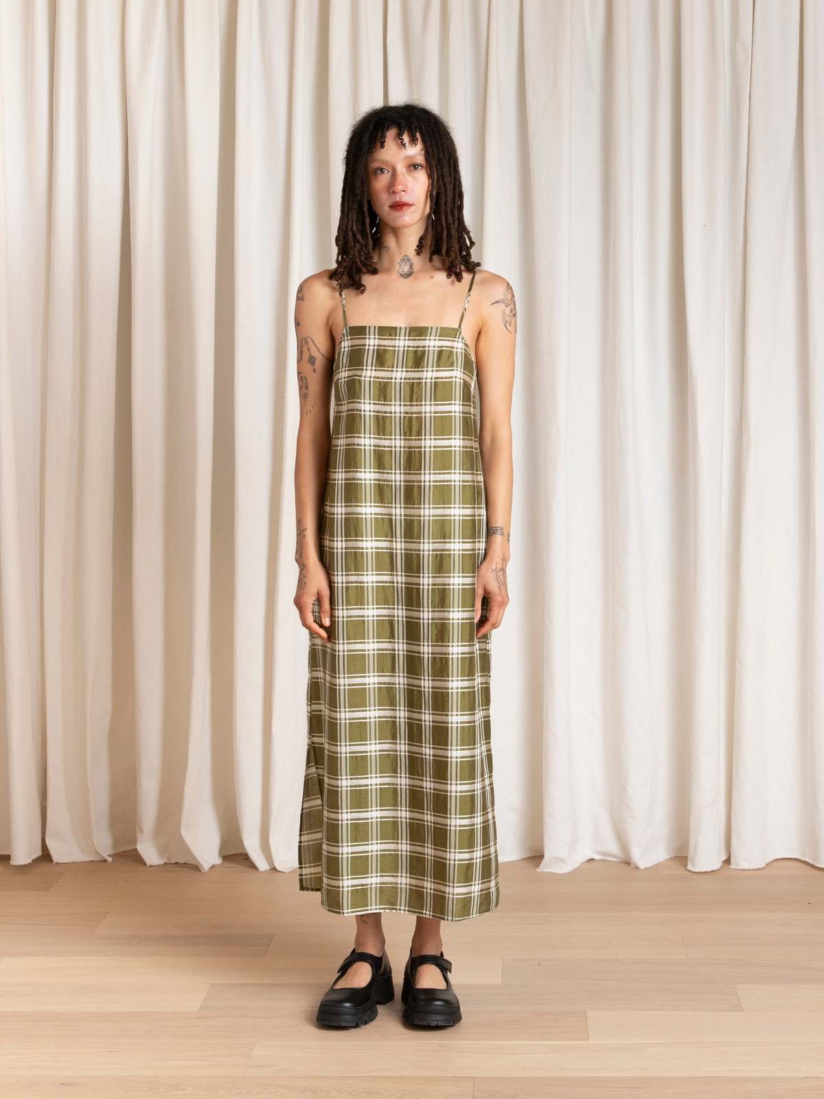 Ali Golden Square Neck Slip Dress - Olive Plaid - Image 3 of 6