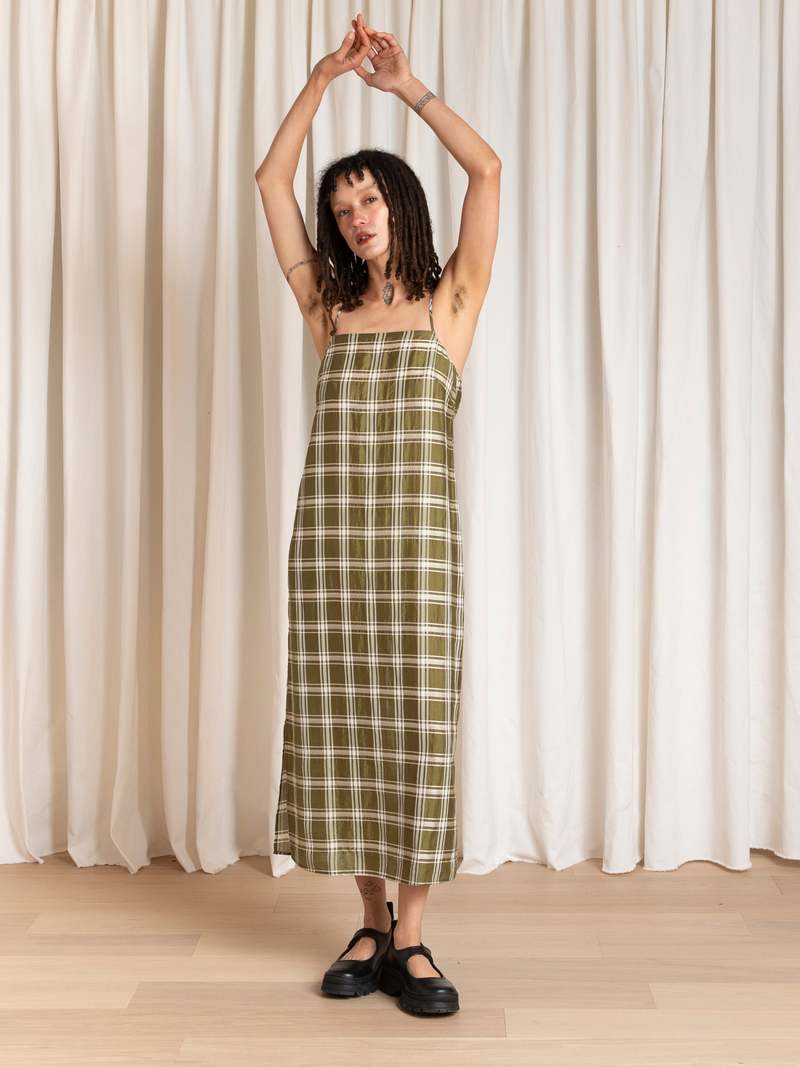 Ali Golden Square Neck Slip Dress - Olive Plaid