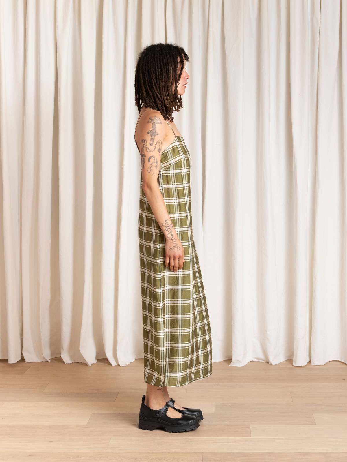 Ali Golden Square Neck Slip Dress - Olive Plaid - Image 5 of 6