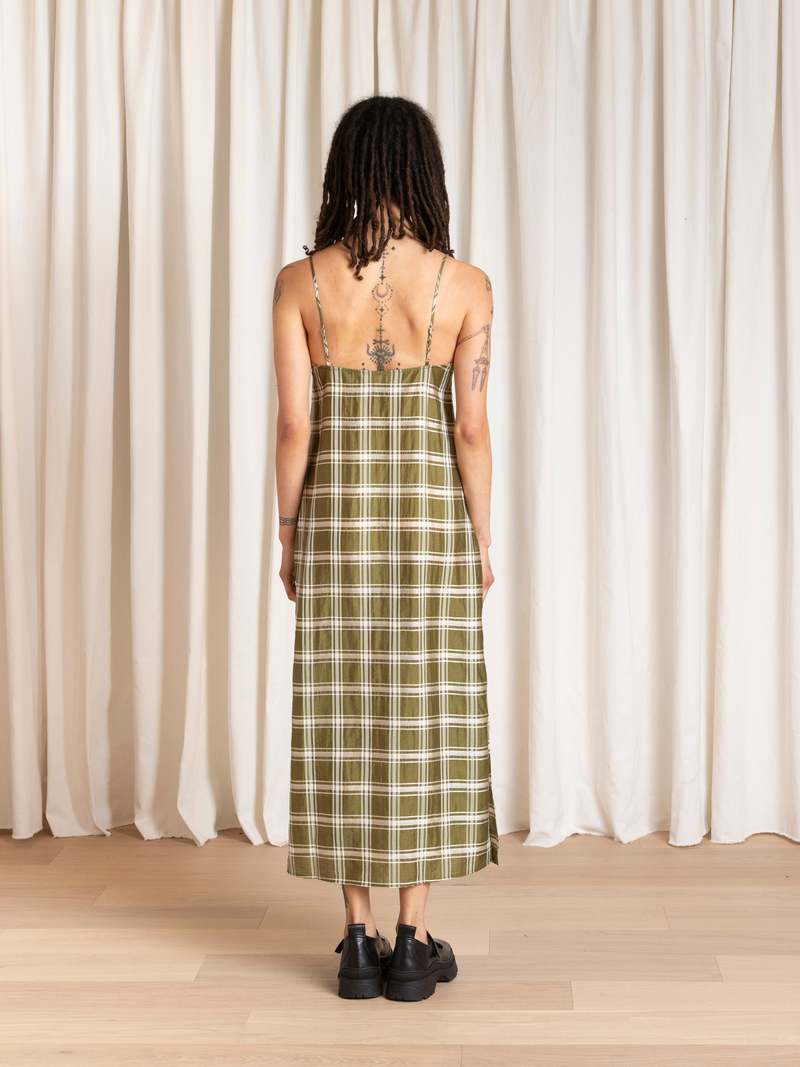 Ali Golden Square Neck Slip Dress - Olive Plaid