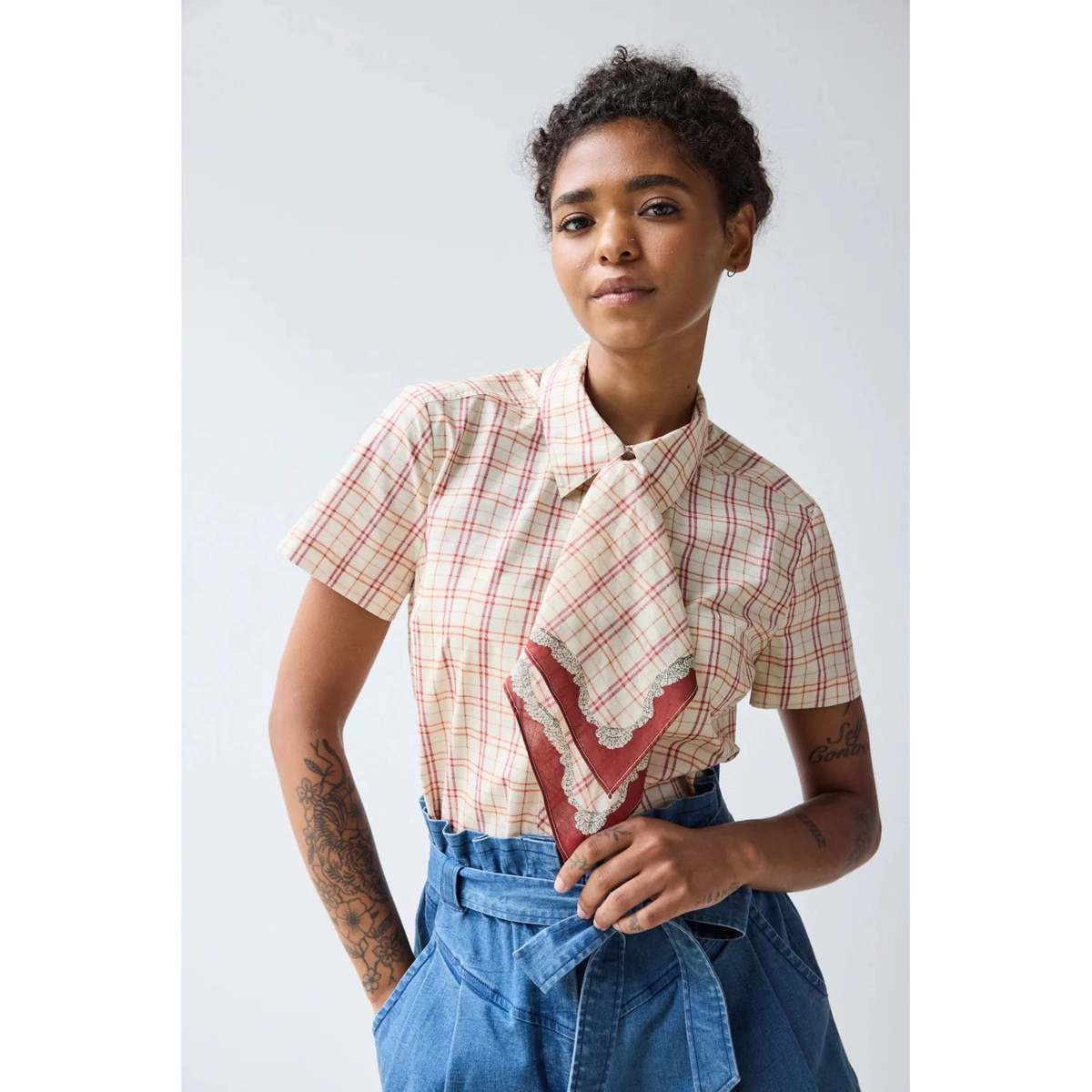 Hope for Flowers by Tracy Reece Scarf Tie Button Down Top - Tattersall - Image 1 of 3